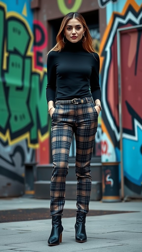 Black Turtleneck with Plaid Pants