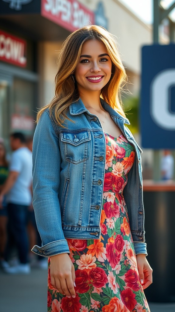 Denim Jacket Over a Printed Dress