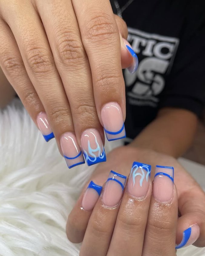 Bold Blue French Tips with Flames