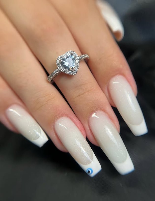 Chic Glazed White Tips with Evil Eye