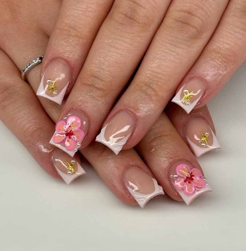 Chic Pink Floral French Tip Design