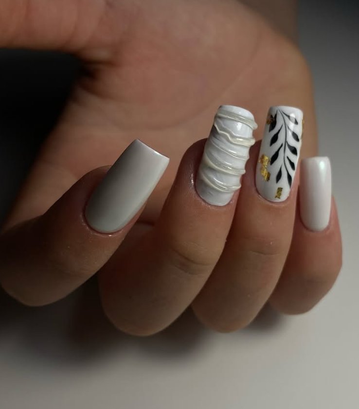 Chic Textured White Coffin Nail Art