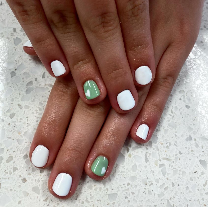 Chic White Nails with Sage Green Hearts