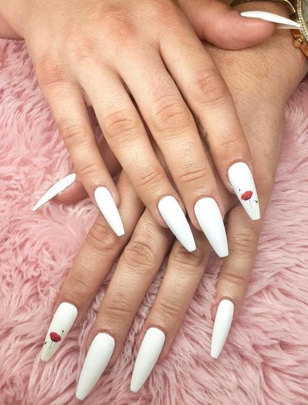 Chic White Stiletto Nails with Florals