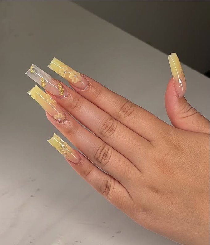 Elegant Butter Yellow Floral Coffin Nails