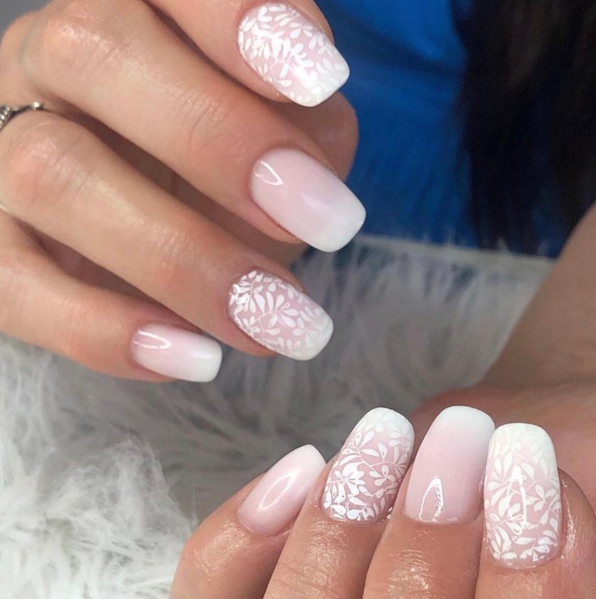 Elegant Floral Lace White Ombré Nails