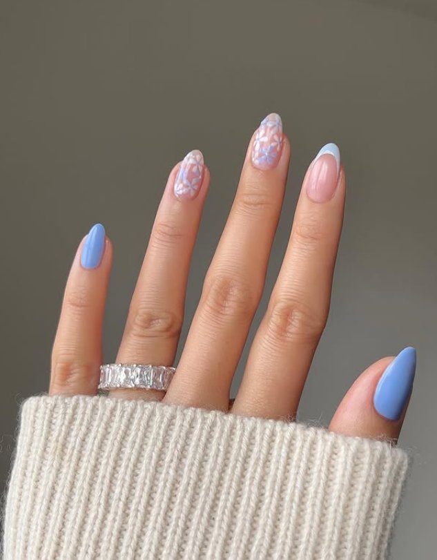 Elegant Pastel Blue Floral Nail Design