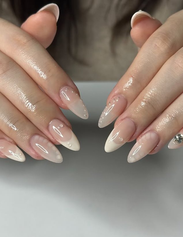 Elegant Sheer Ombré Nails with Pearls