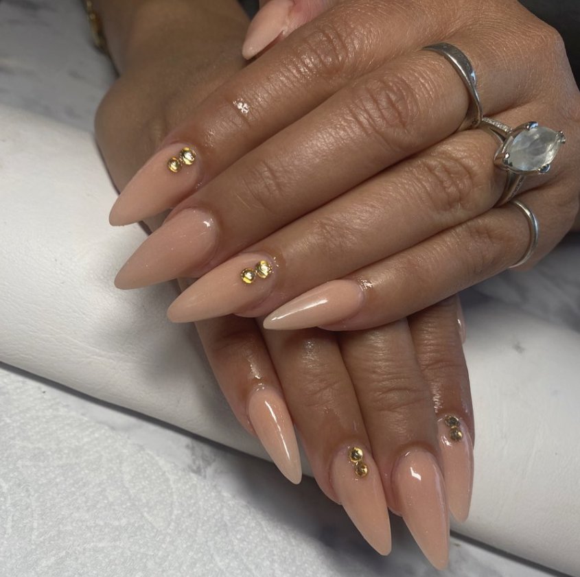 Glamorous Golden Nude Stiletto Nail Design