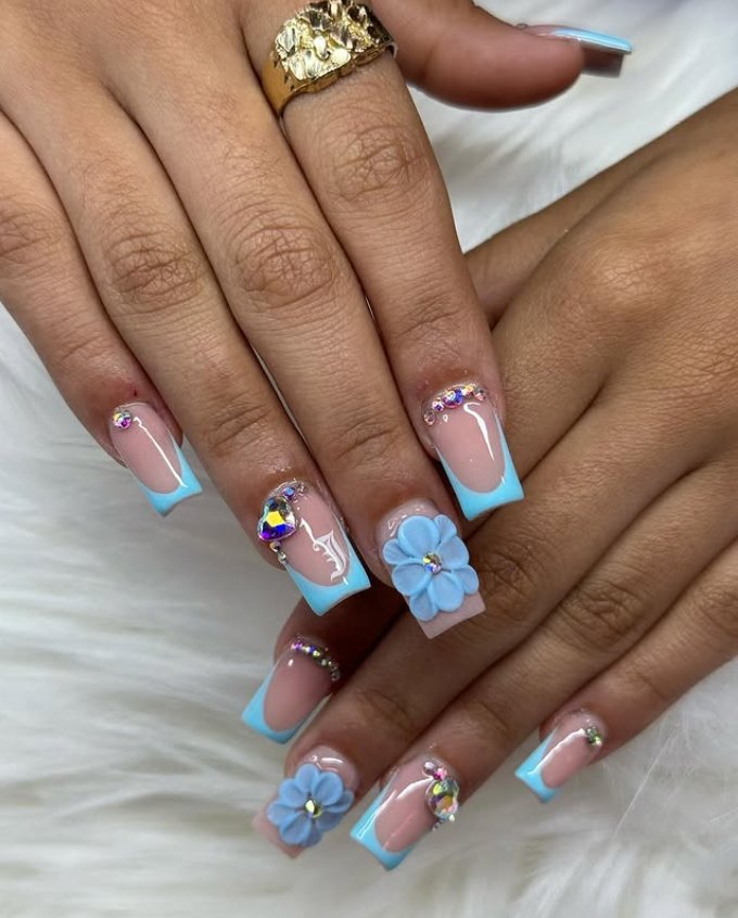 Playful Blue French Tips with Florals