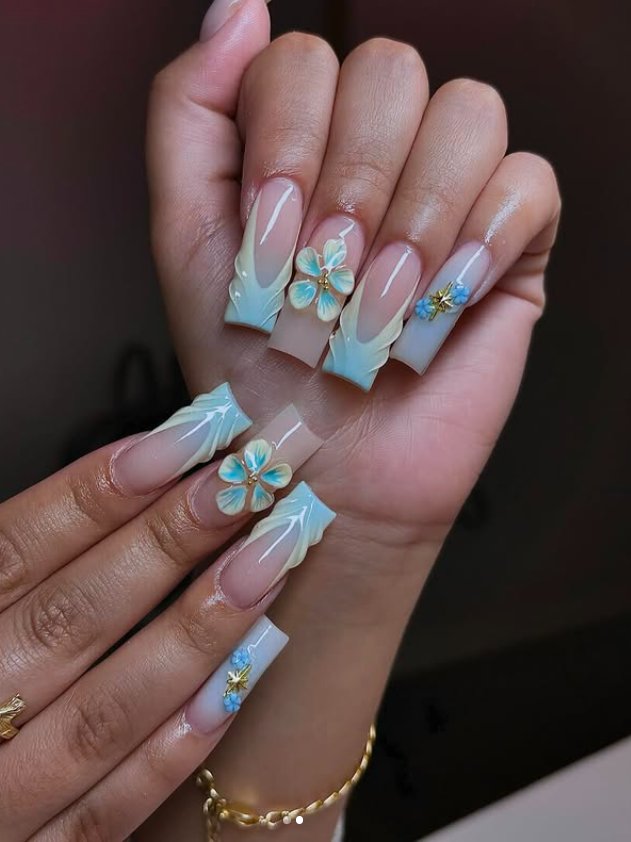 Stunning 3D Floral Coffin Nail Design