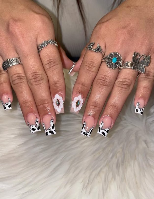 Trendy Cow Print French Tip Nails