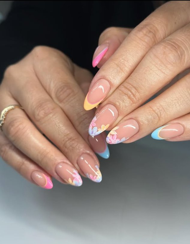 Vibrant Floral French Tip Nail Design