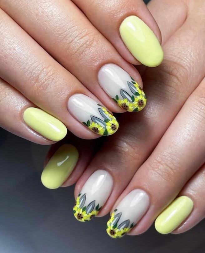 Vibrant Sunflower French Tip Nail Design