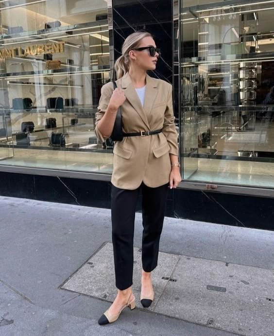 Beige Blazer and Black Trousers