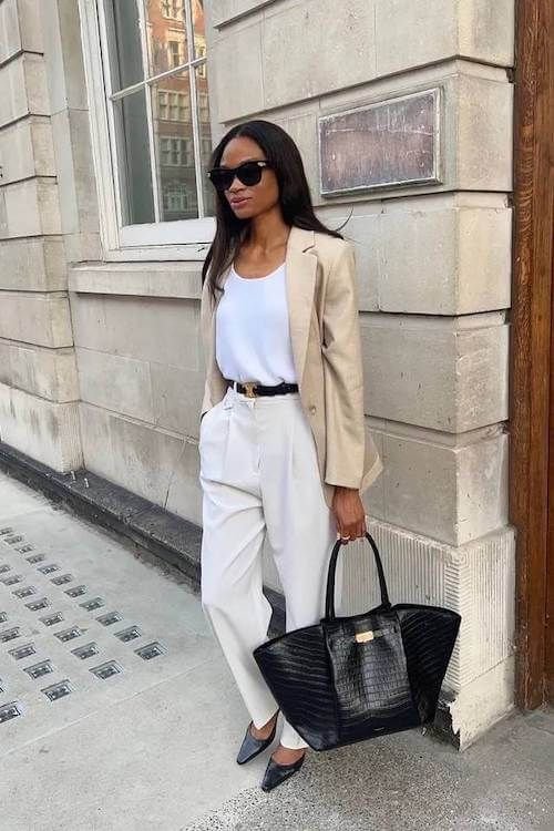 Beige Blazer and White Trousers