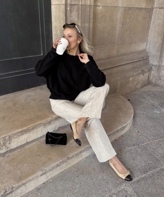 Beige Linen Pants, Black Sweater