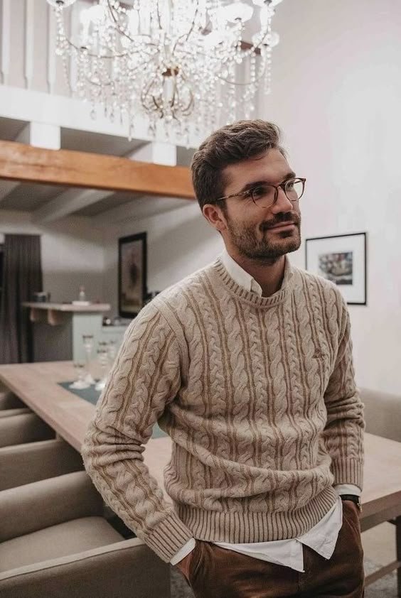 Beige Sweater Over White Shirt