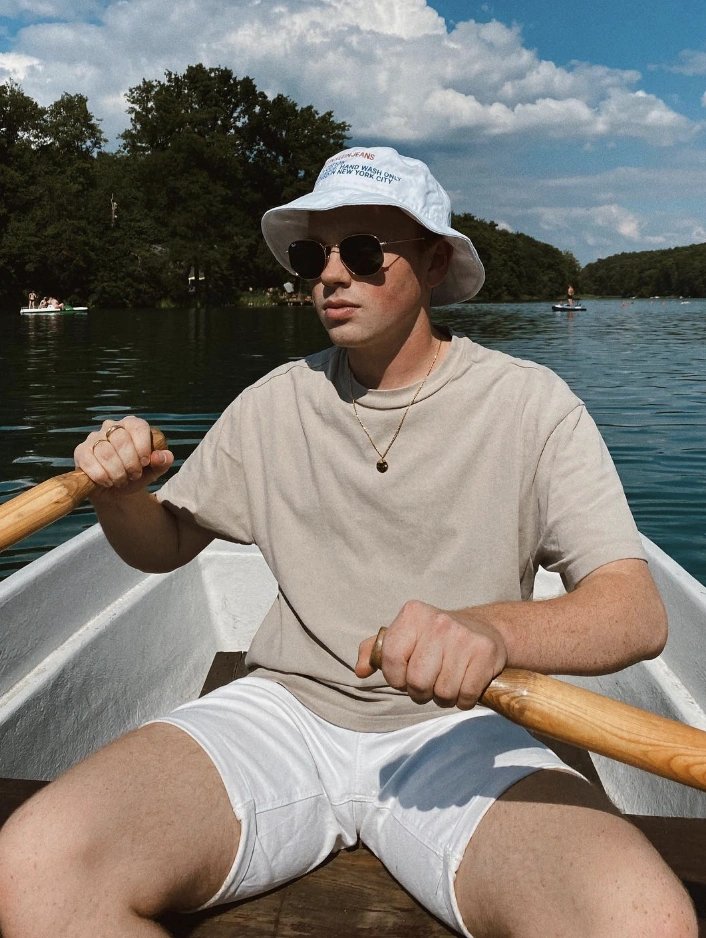 Beige Tee, White Shorts, Bucket Hat