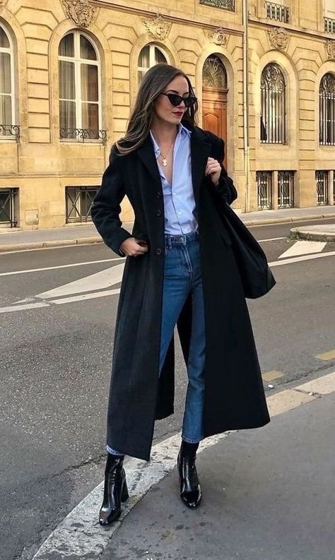 Black Coat, Jeans, Blue Shirt