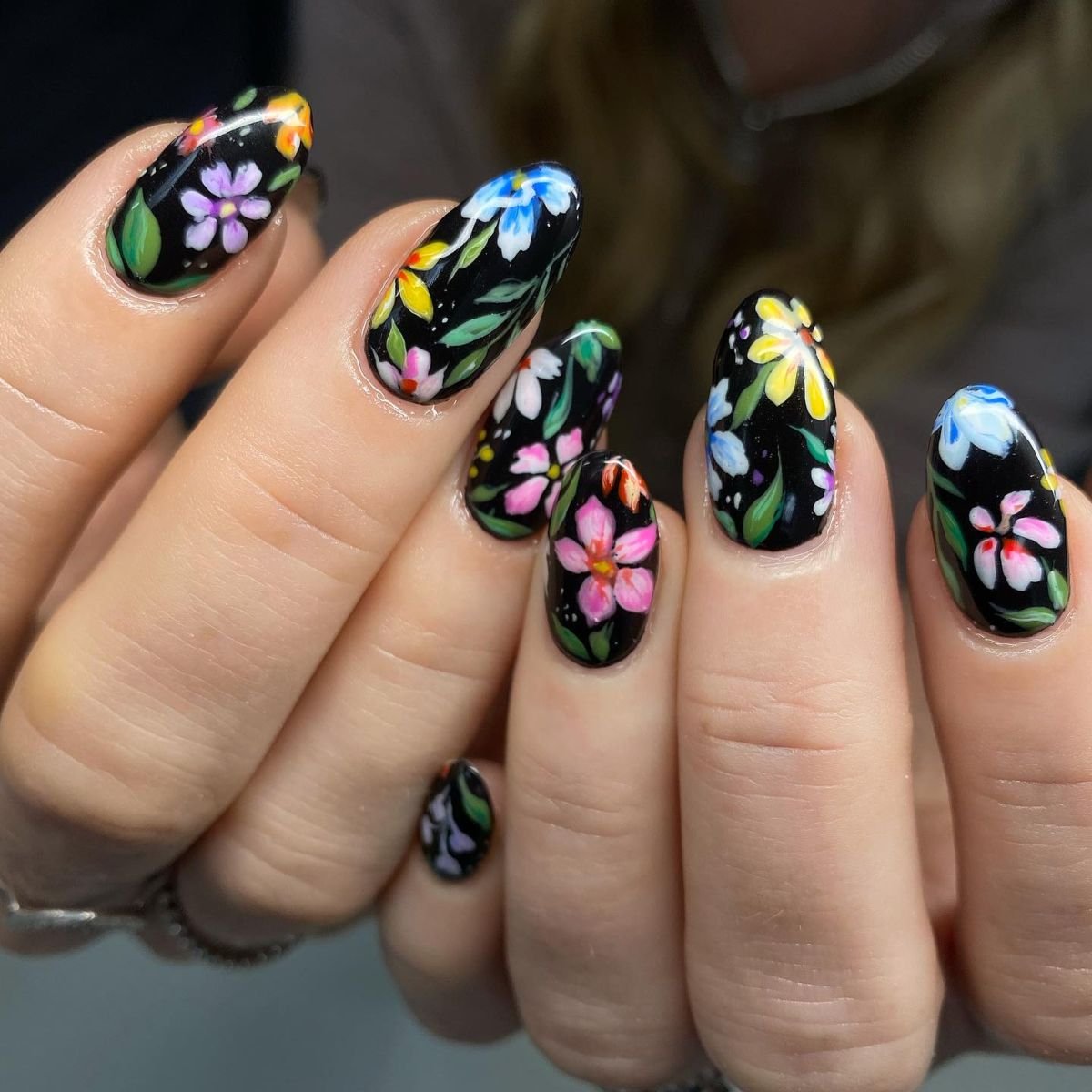Black Floral Nail Design