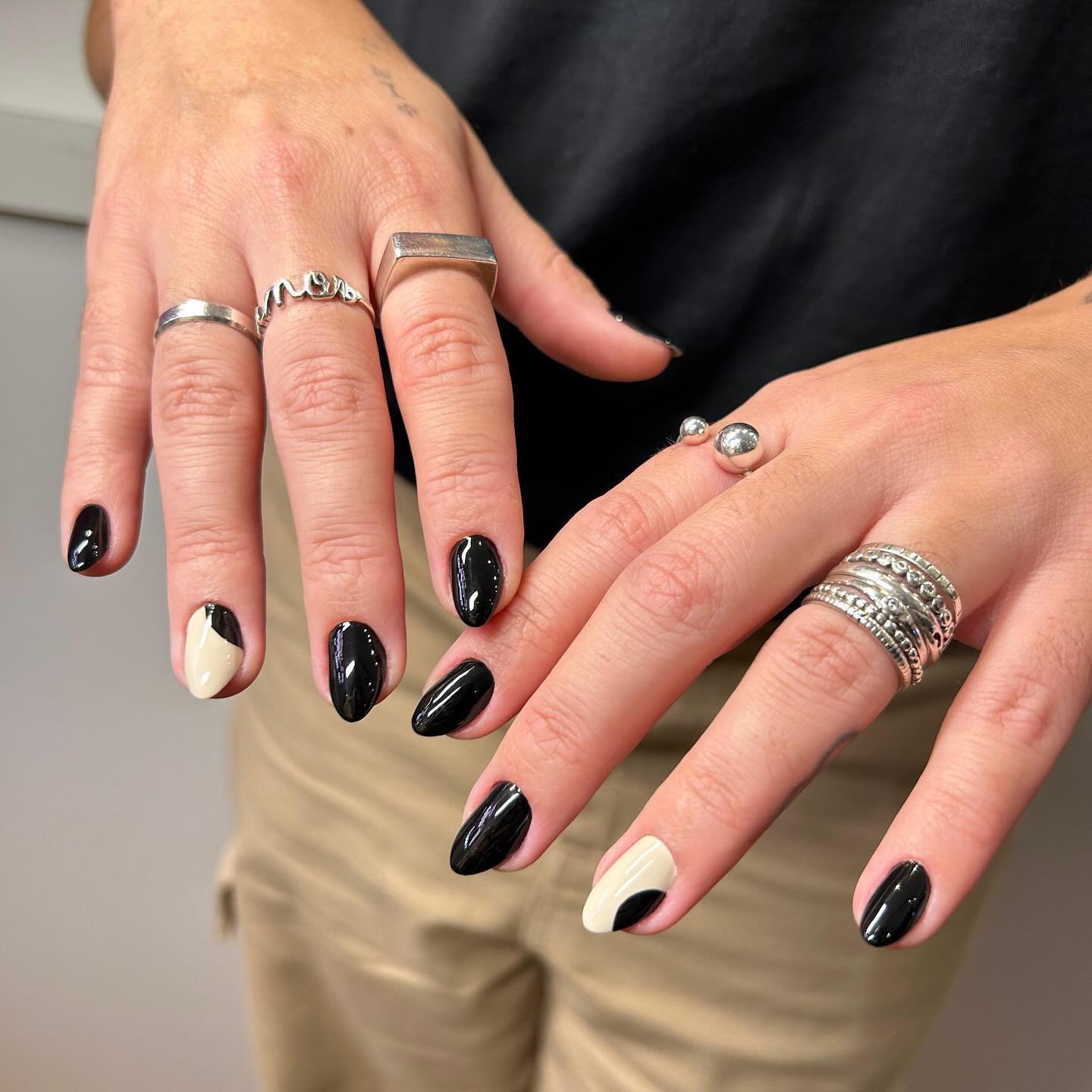 Black Nails with White Accent