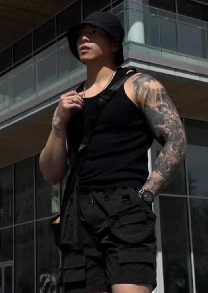 Black Tank, Cargo Shorts, Hat