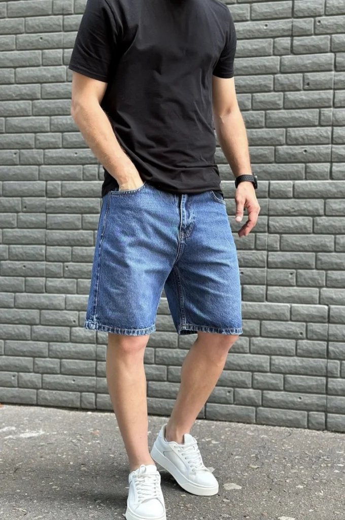Black Tee, Blue Shorts, Sneakers