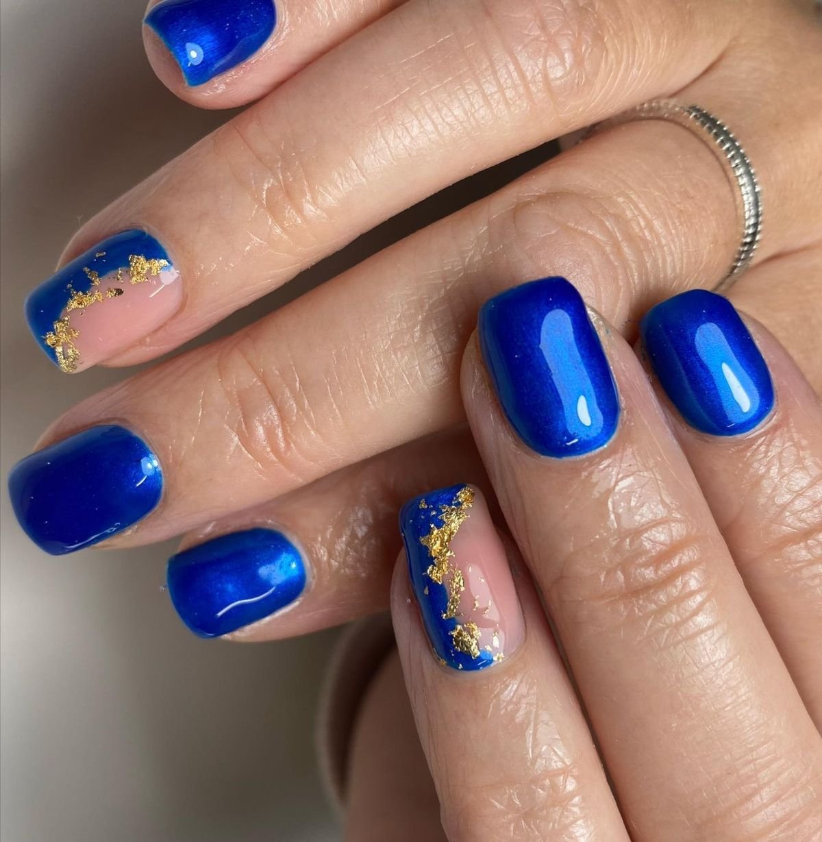 Blue Manicure with Gold Leaf