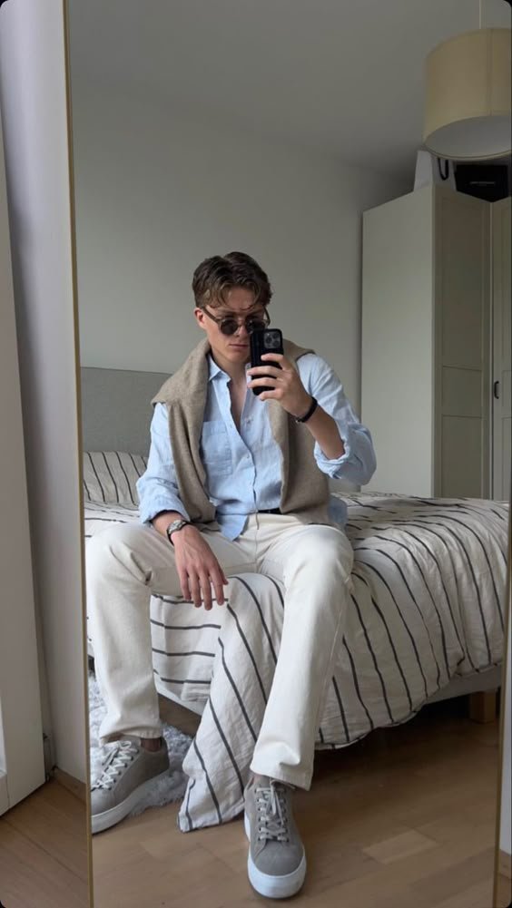 Blue Shirt with Sweater Look