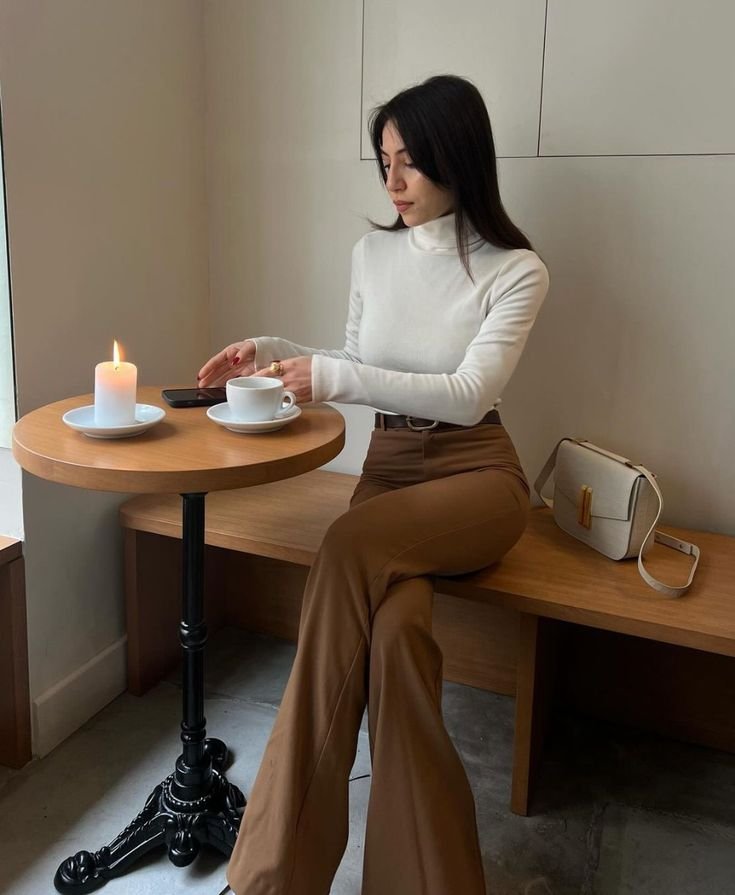 Brown Pants and White Turtleneck