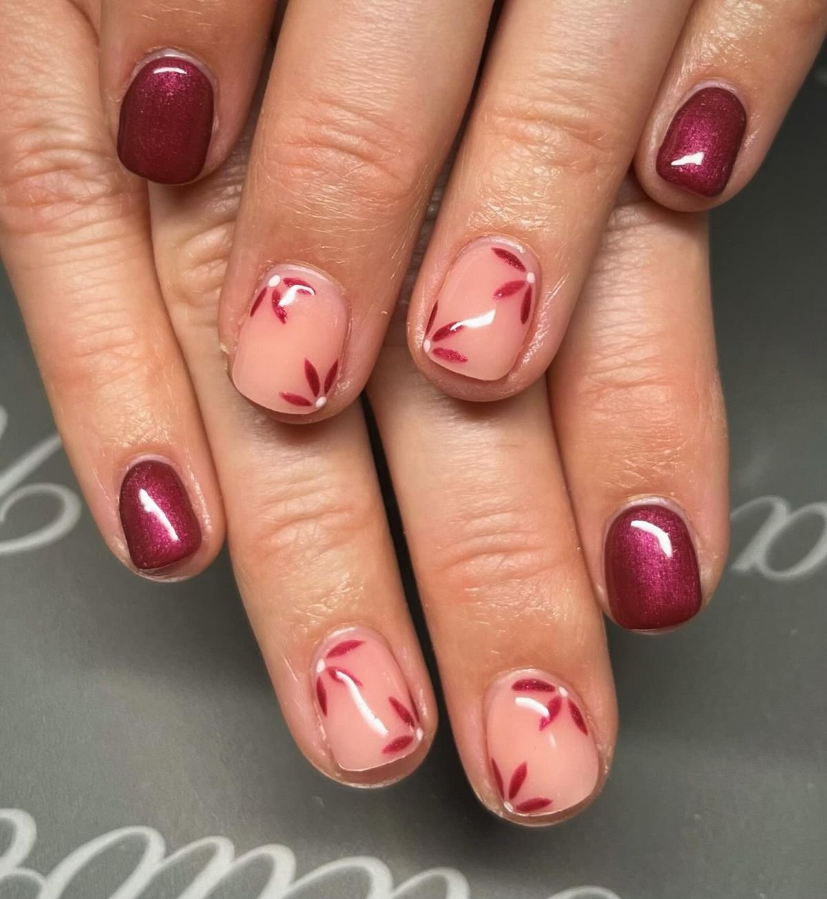 Burgundy Floral Nail Art