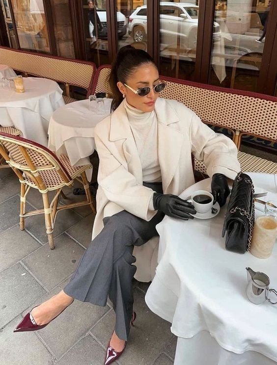 Chic White Coat and Grey Trousers