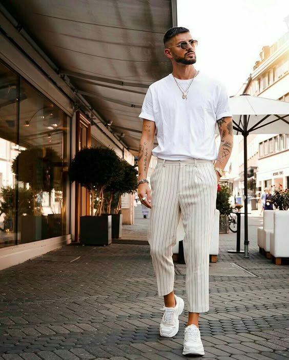 Crisp White Tee, Pinstripe Pants