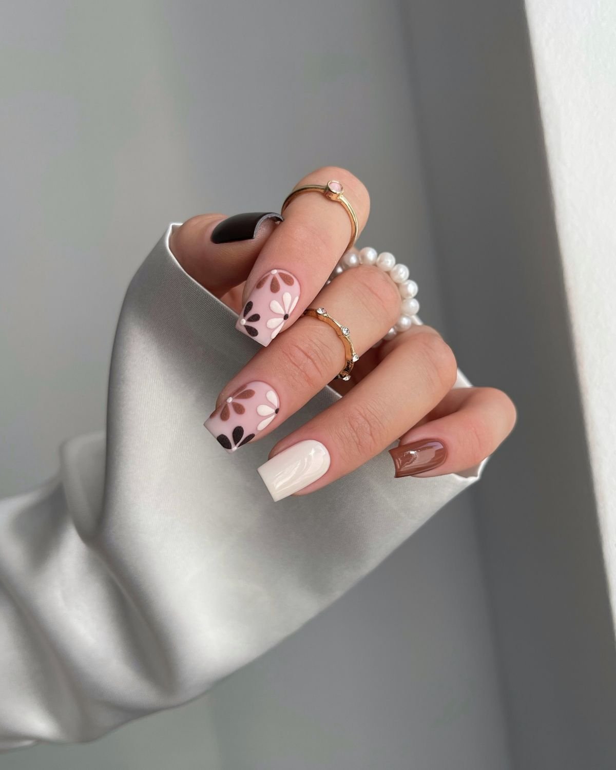 Earthy Brown Floral Nails