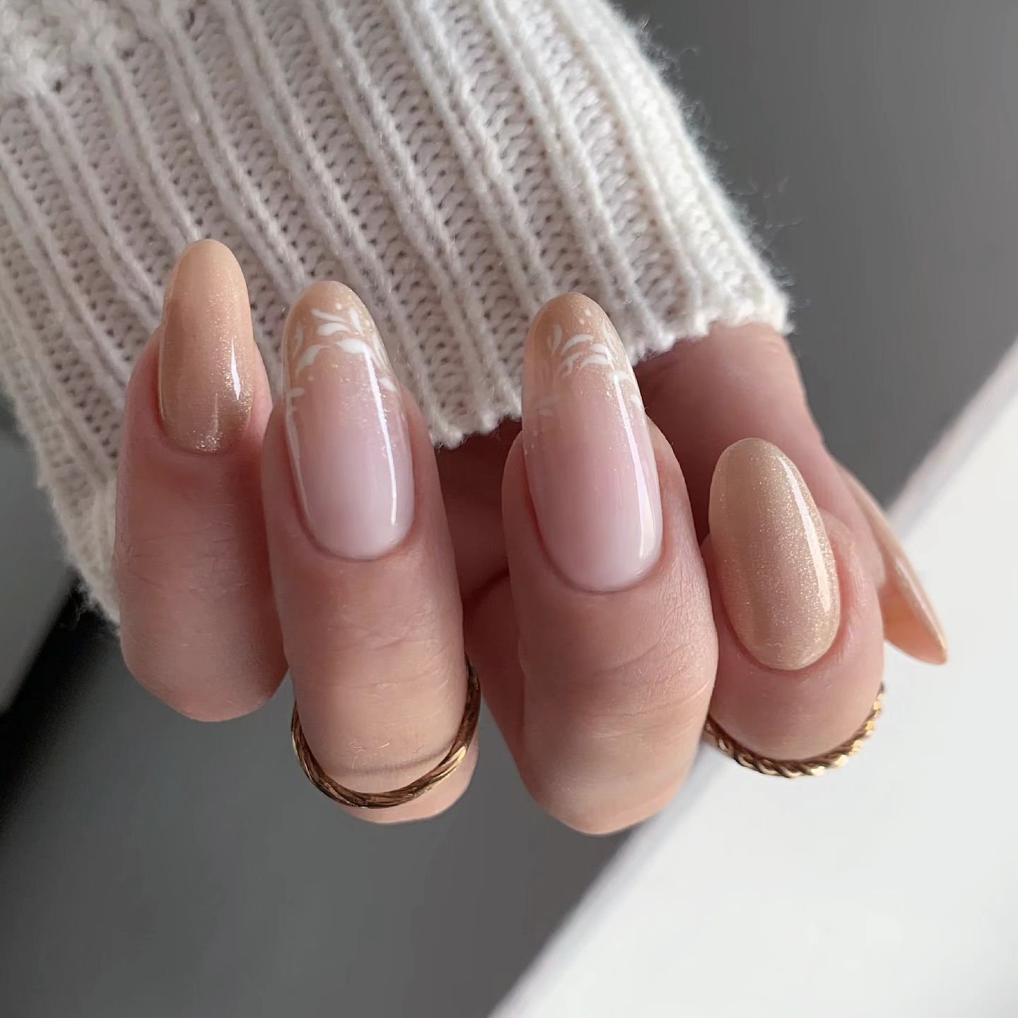 Floral Neutral Sparkle Nails