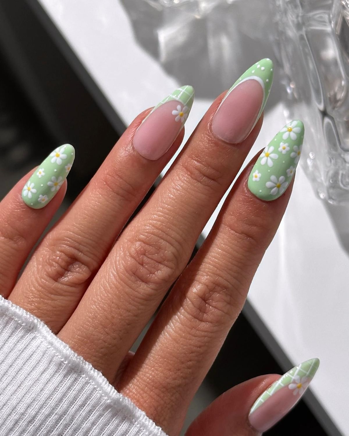 Green Floral French Nails