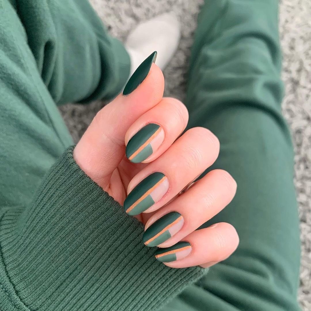 Green Manicure with Brown Stripe