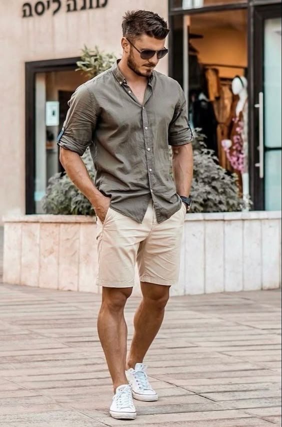 Green Shirt with Beige Shorts