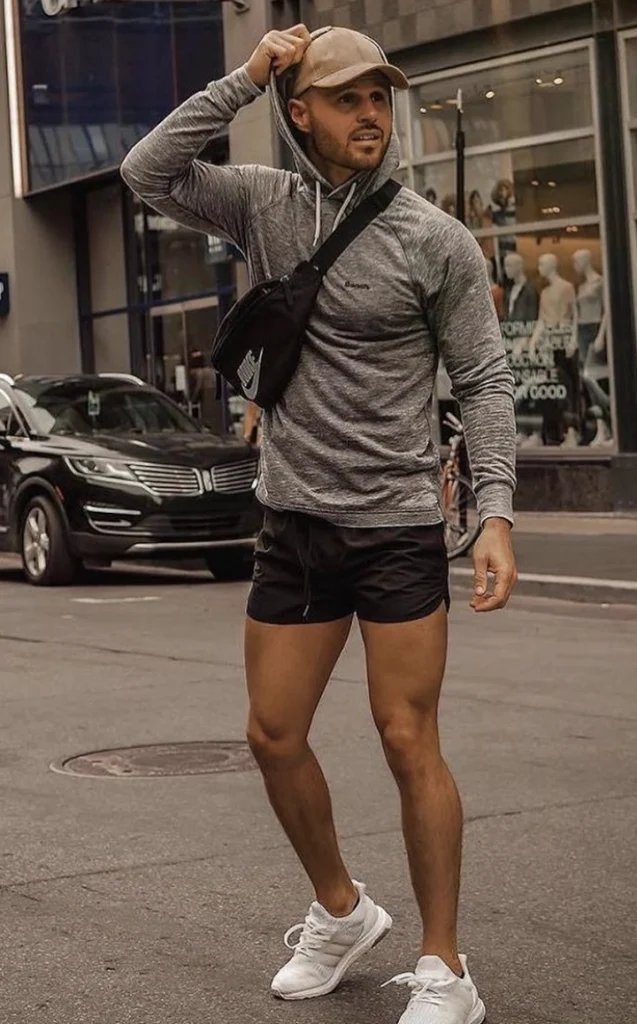 Grey Hoodie and Black Shorts