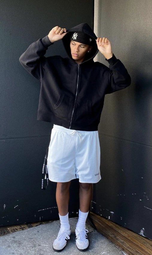 Hoodie, Shorts, and Sneakers