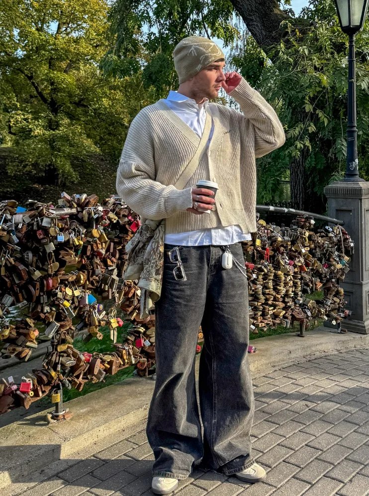 Knit Cardigan with Baggy Jeans