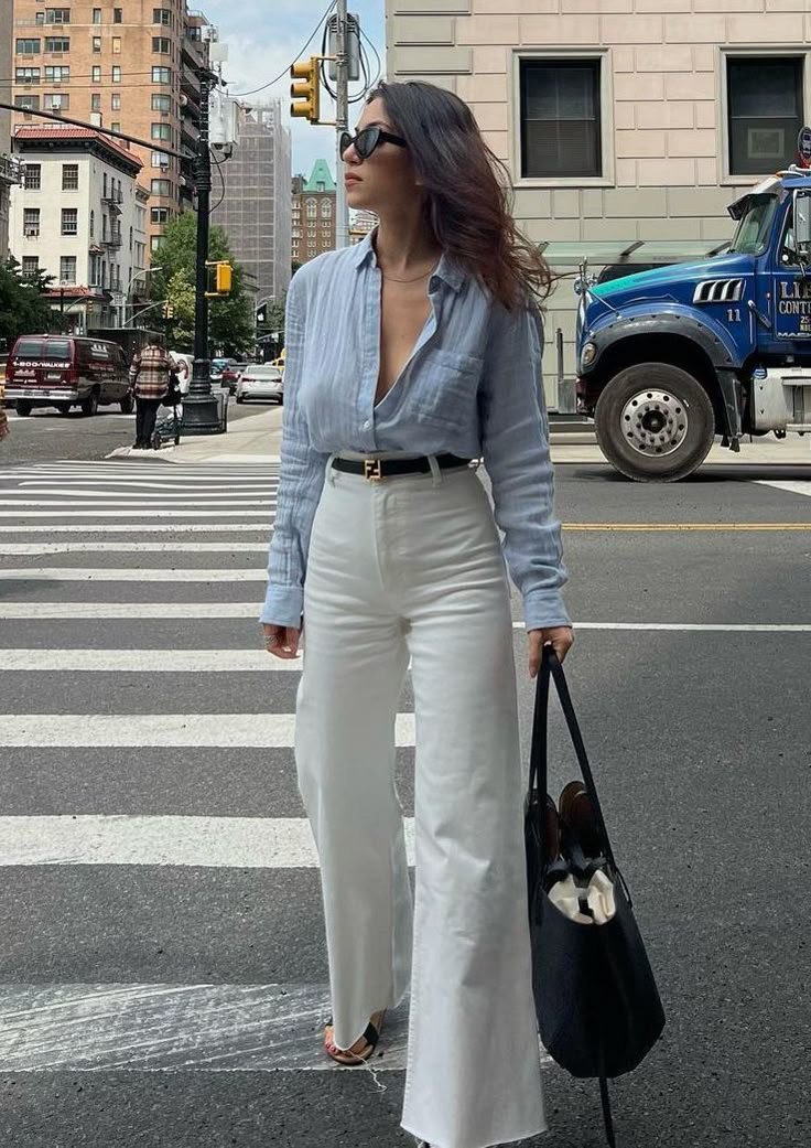 Light Blue Shirt, White Pants