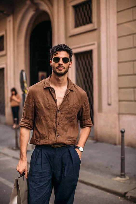 Linen Shirt with Dark Trousers