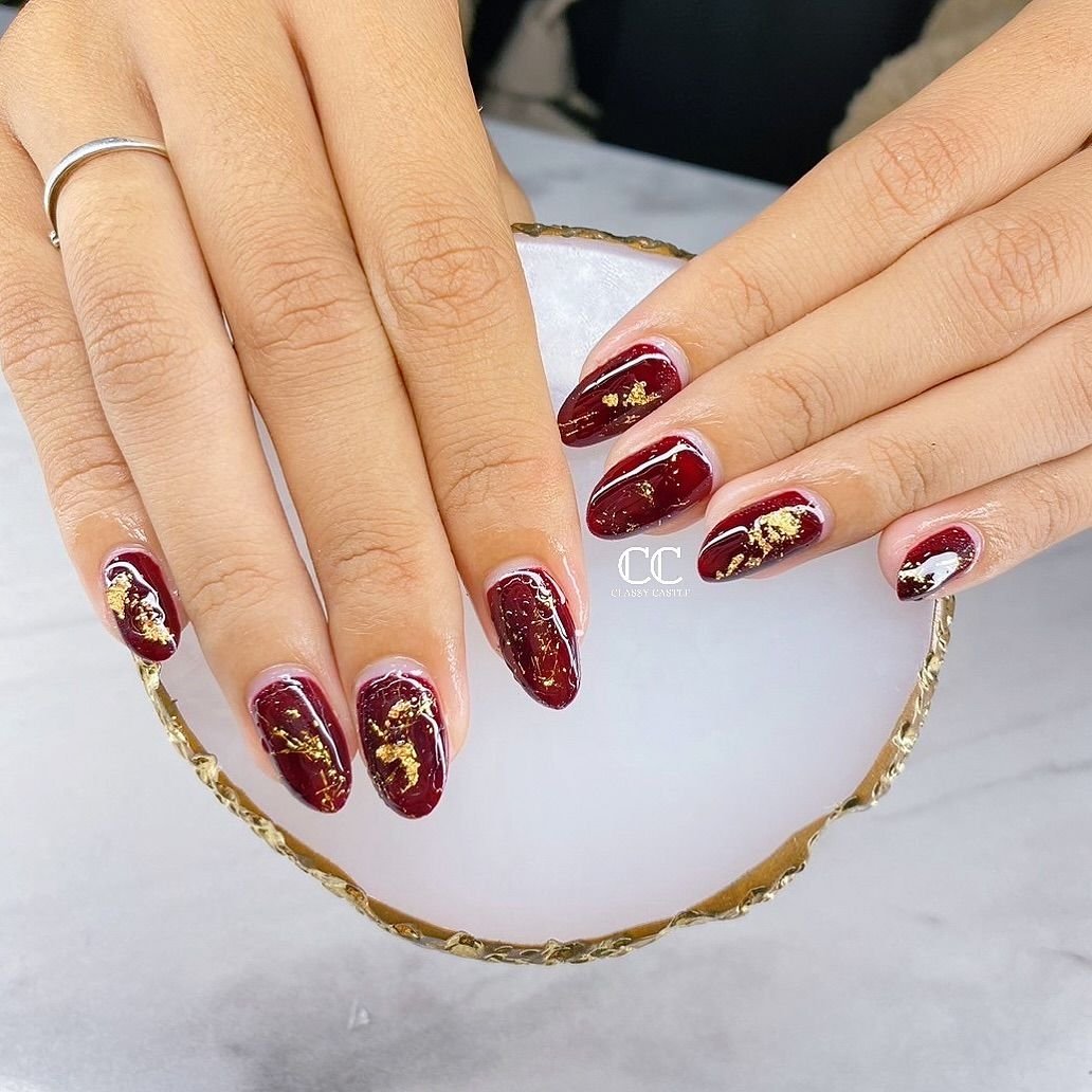 Maroon and Gold Nails