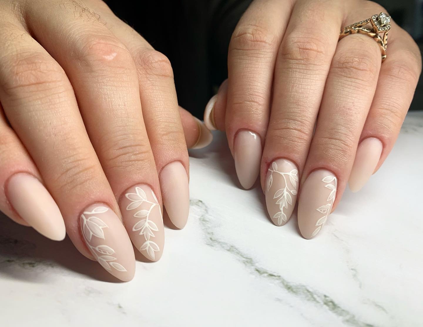 Neutral Floral Bridal Nails