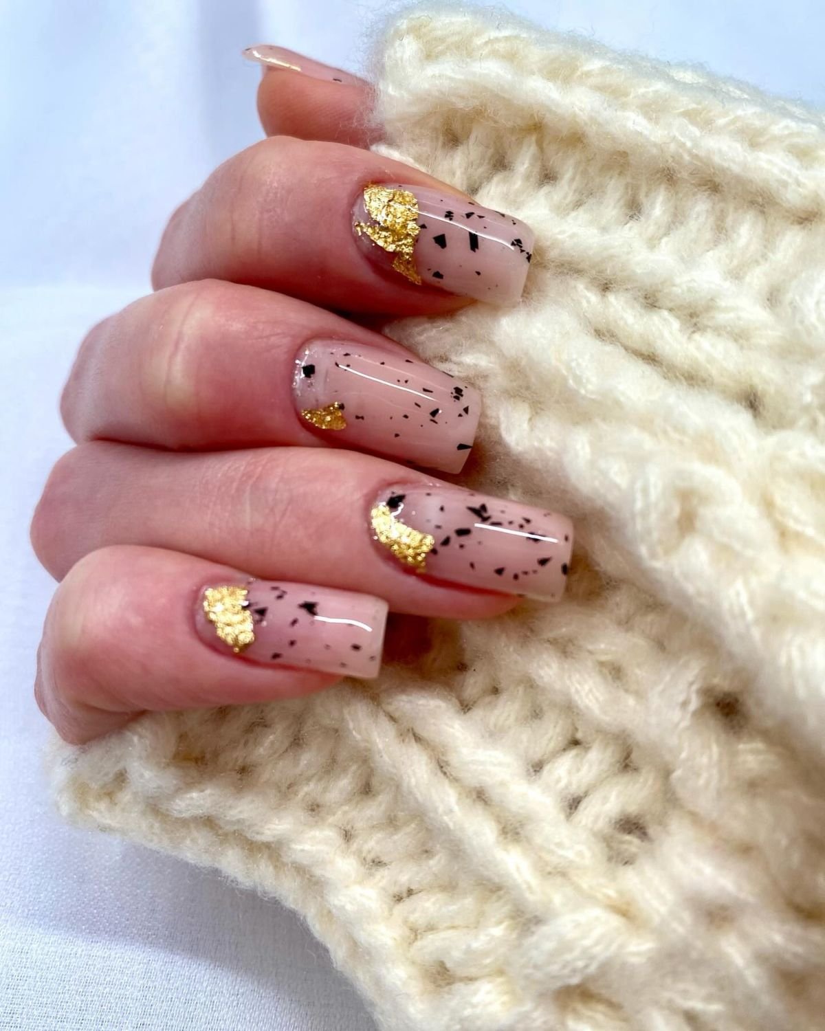 Nude Nails with Black and Gold