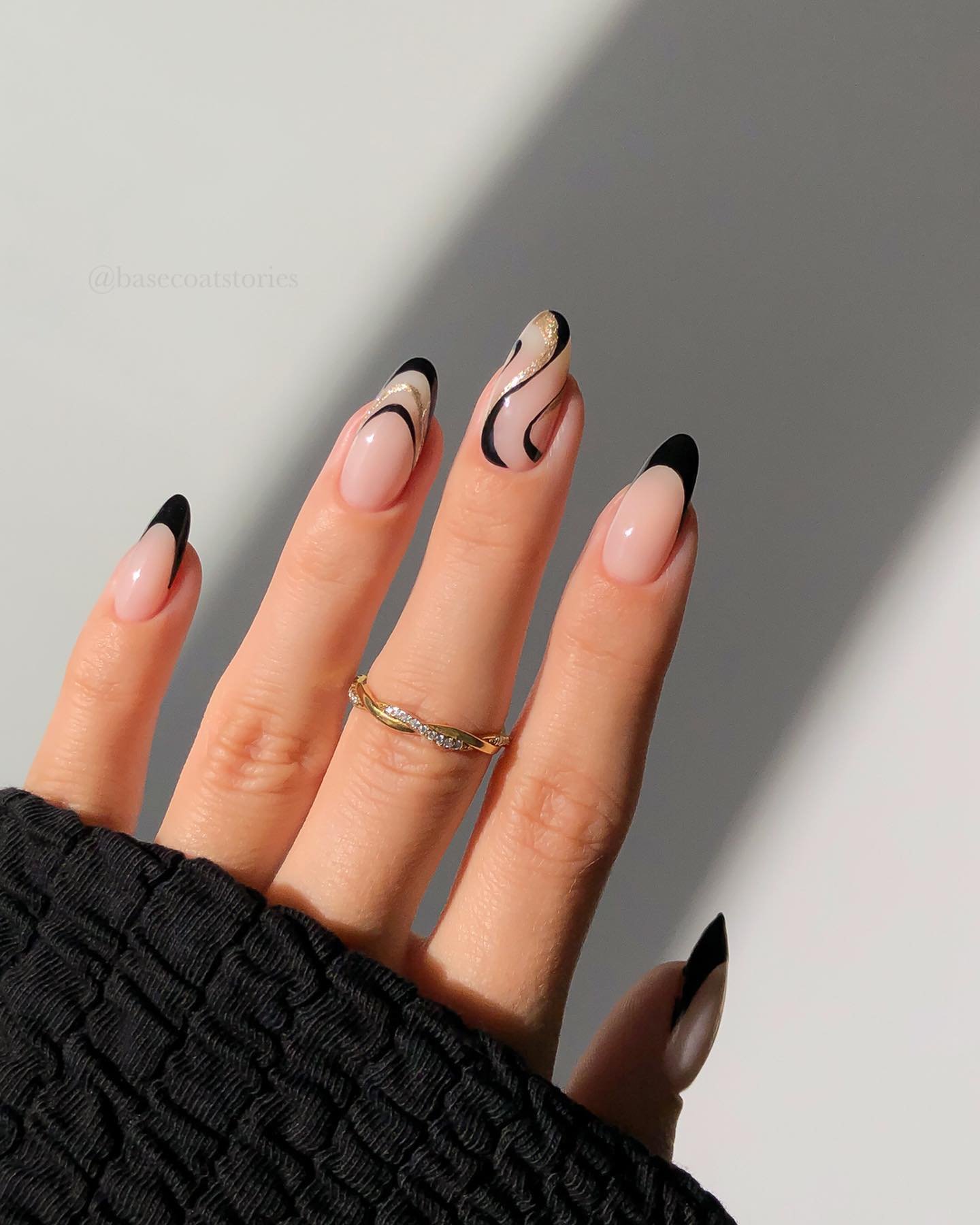 Nude Nails with Black and Gold