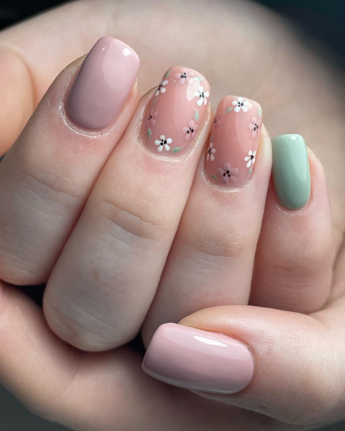 Pink and Sage Floral Nails