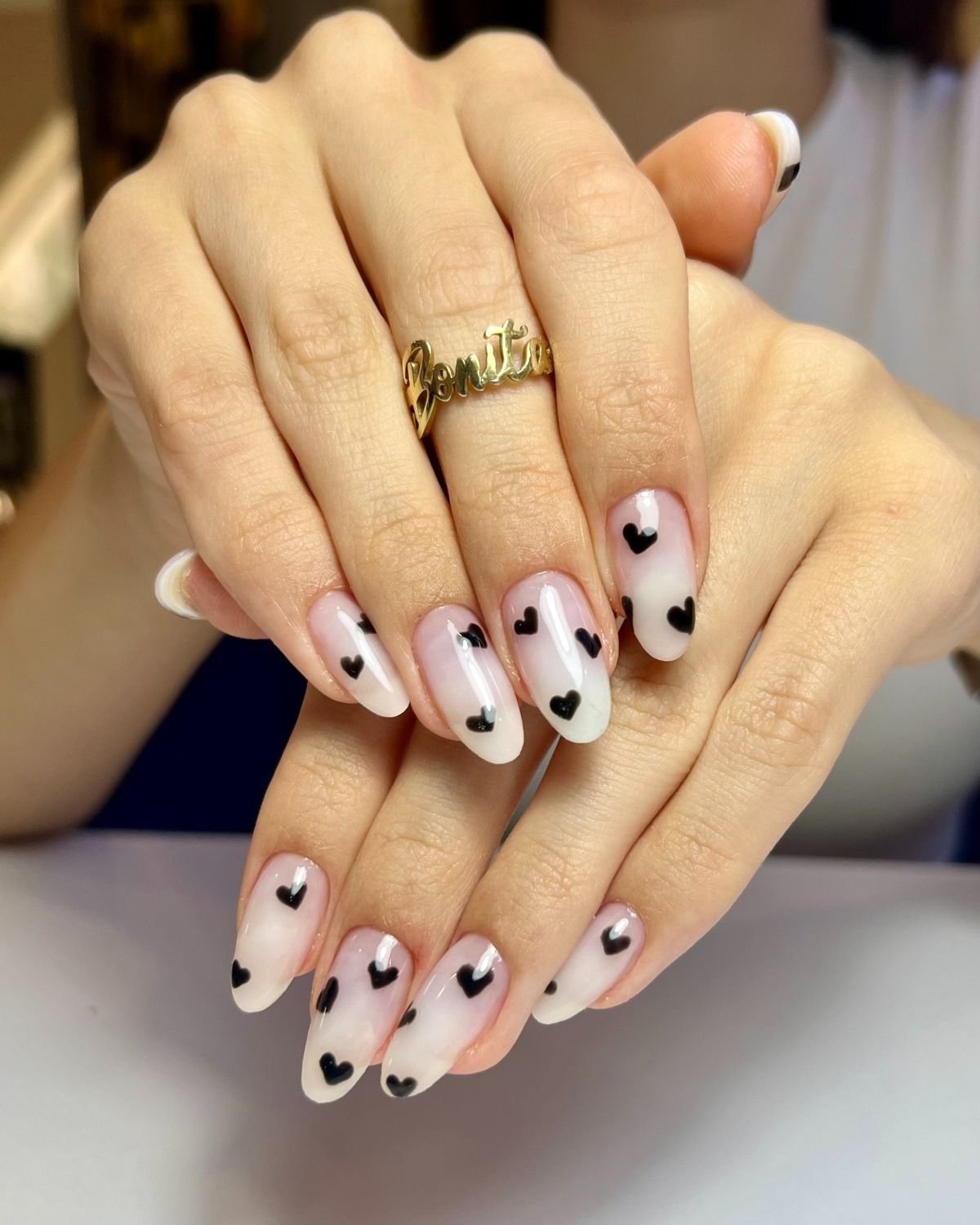 Pink Nails with Black Hearts